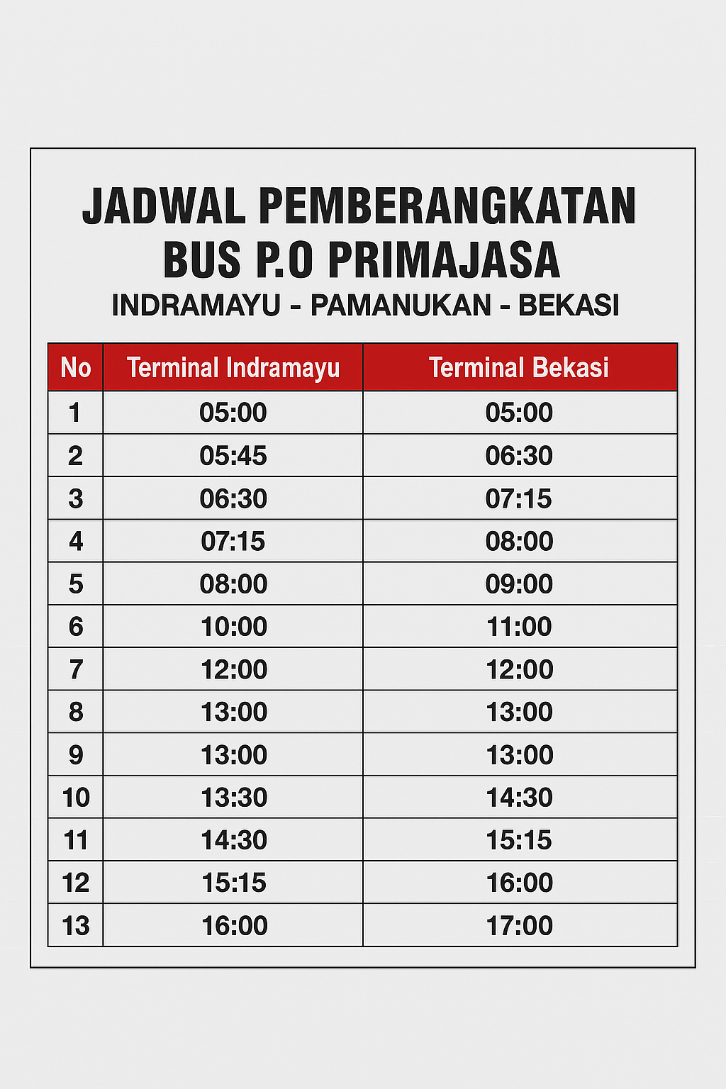 Inilah Jadwal Pemberangkatan Bus PRIMAJASA, Rute Indramayu Pamanukan Bekasi.