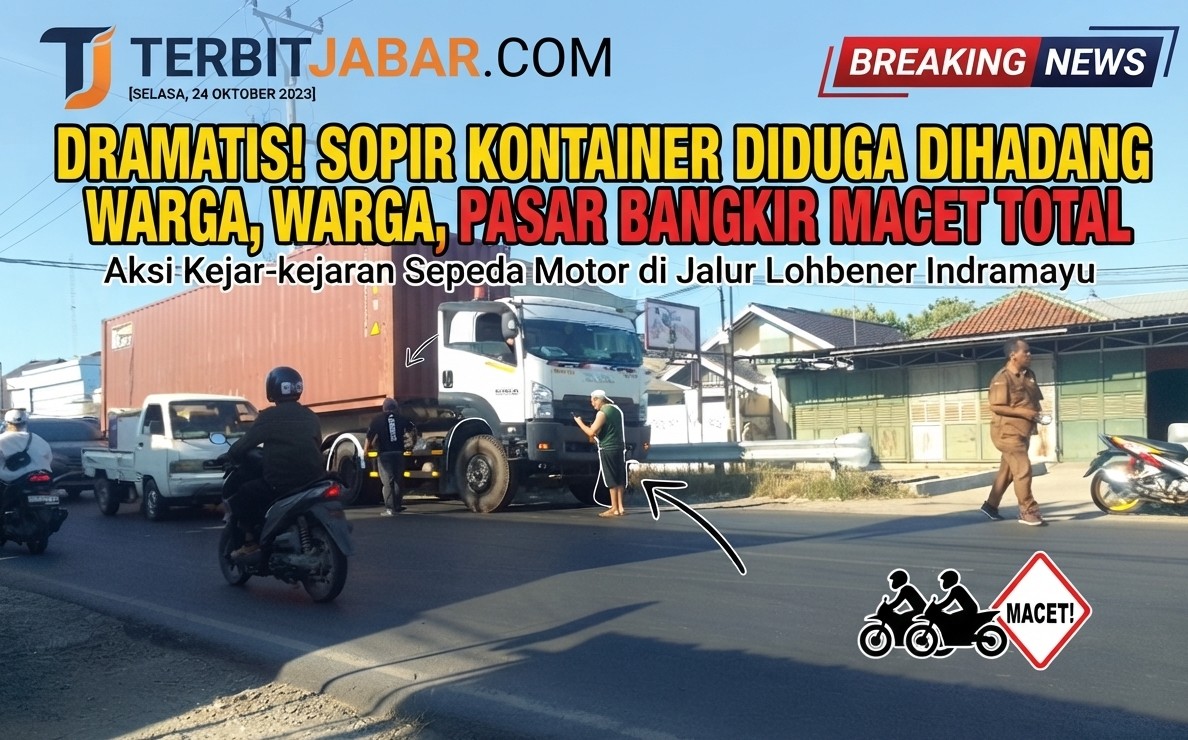 DRAMATIS! Aksi Kejar-kejaran Sopir Kontainer vs Warga Bikin Macet Pasar Bangkir Indramayu